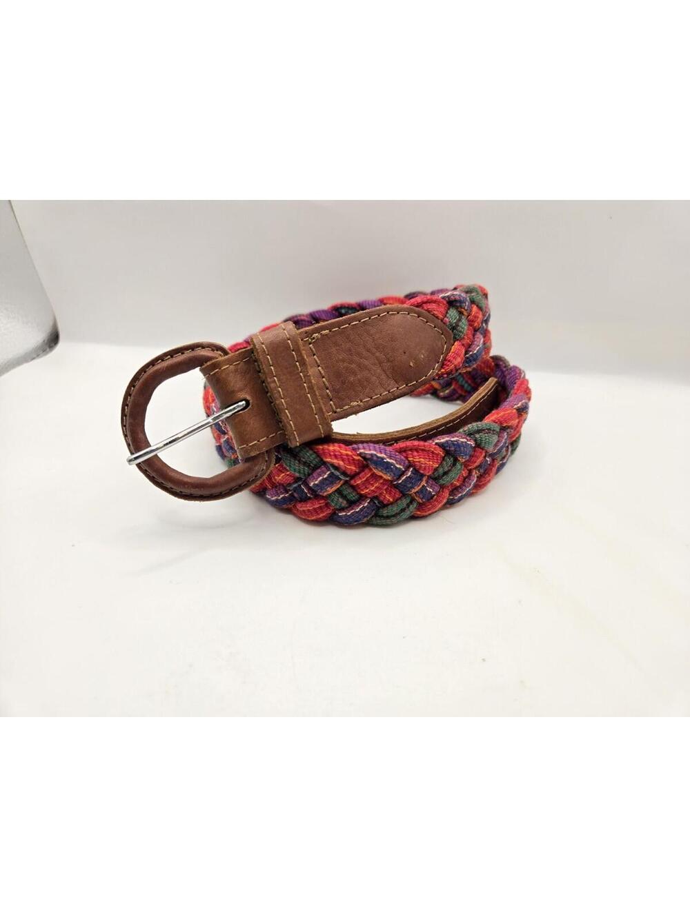Vintage Hand Woven Belt Leather Traditional Guatemalan Colorful Size M - 30